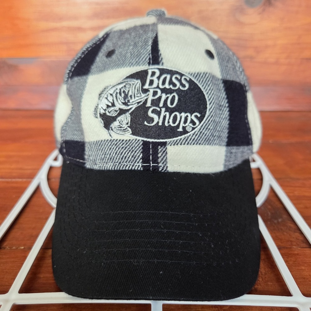 Bass Pro Shops Hat Cap Snapback Black White‎ Buffalo Check Logo Gone Fishing